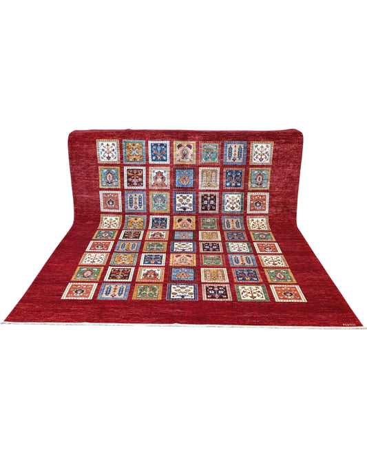 Tappeto 300x245 cm rosso multicolore con motivo patchwork per soggiorno elegante.