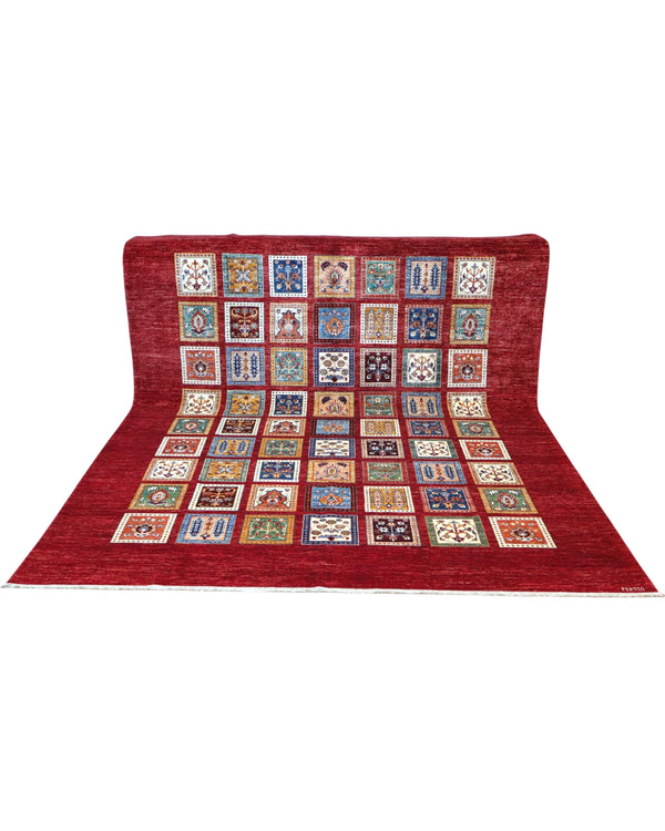 Tappeto 300x245 cm rosso multicolore con motivo patchwork per soggiorno elegante.