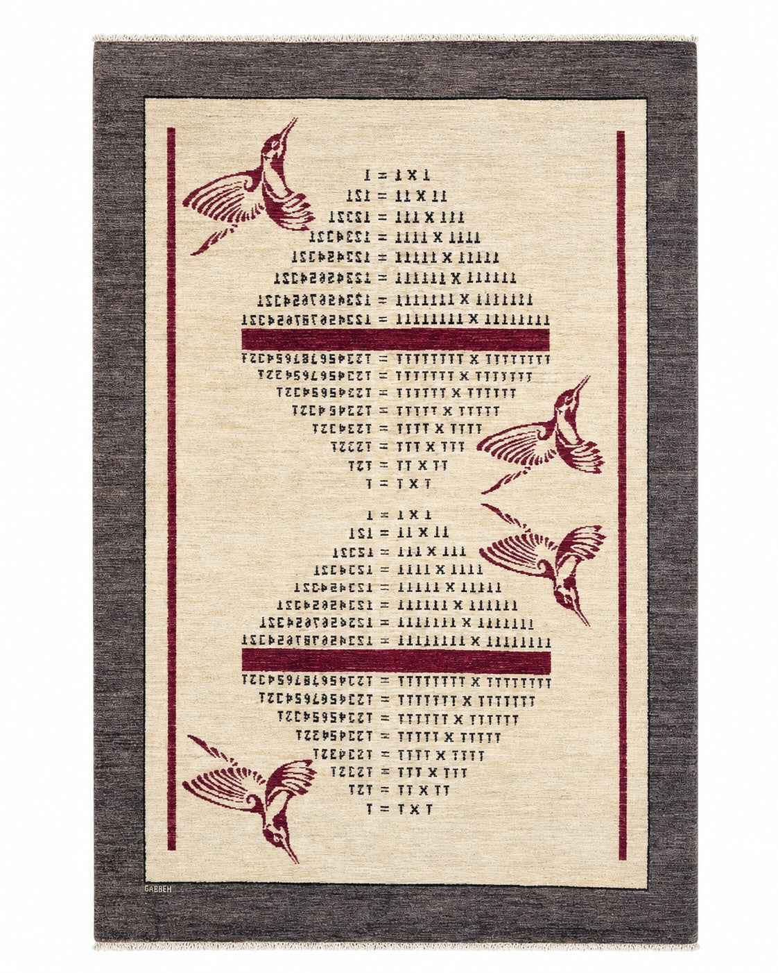 Tappeto Persiano Moderno 302x201 cm Avorio e Grigio con Uccelli