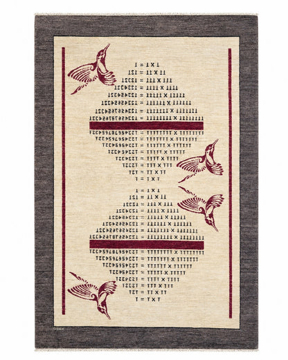 Tappeto Persiano Moderno 302x201 cm Avorio e Grigio con Uccelli