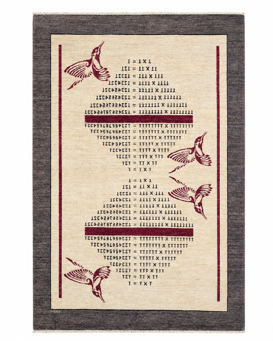 Tappeto Persiano Moderno 302x201 cm Avorio e Grigio con Uccelli