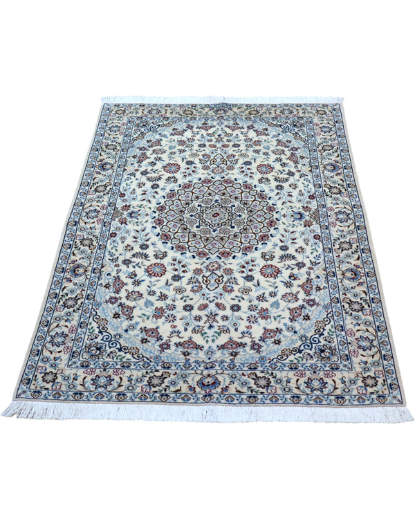 Tappeto Persiano Nain 150x101cm in lana bianca e blu decorativo per camera
