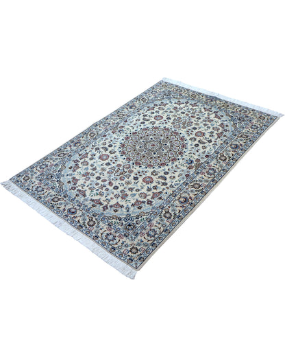 Tappeto Nain 150x101cm artigianale con motivi floreali blu su fondo bianco