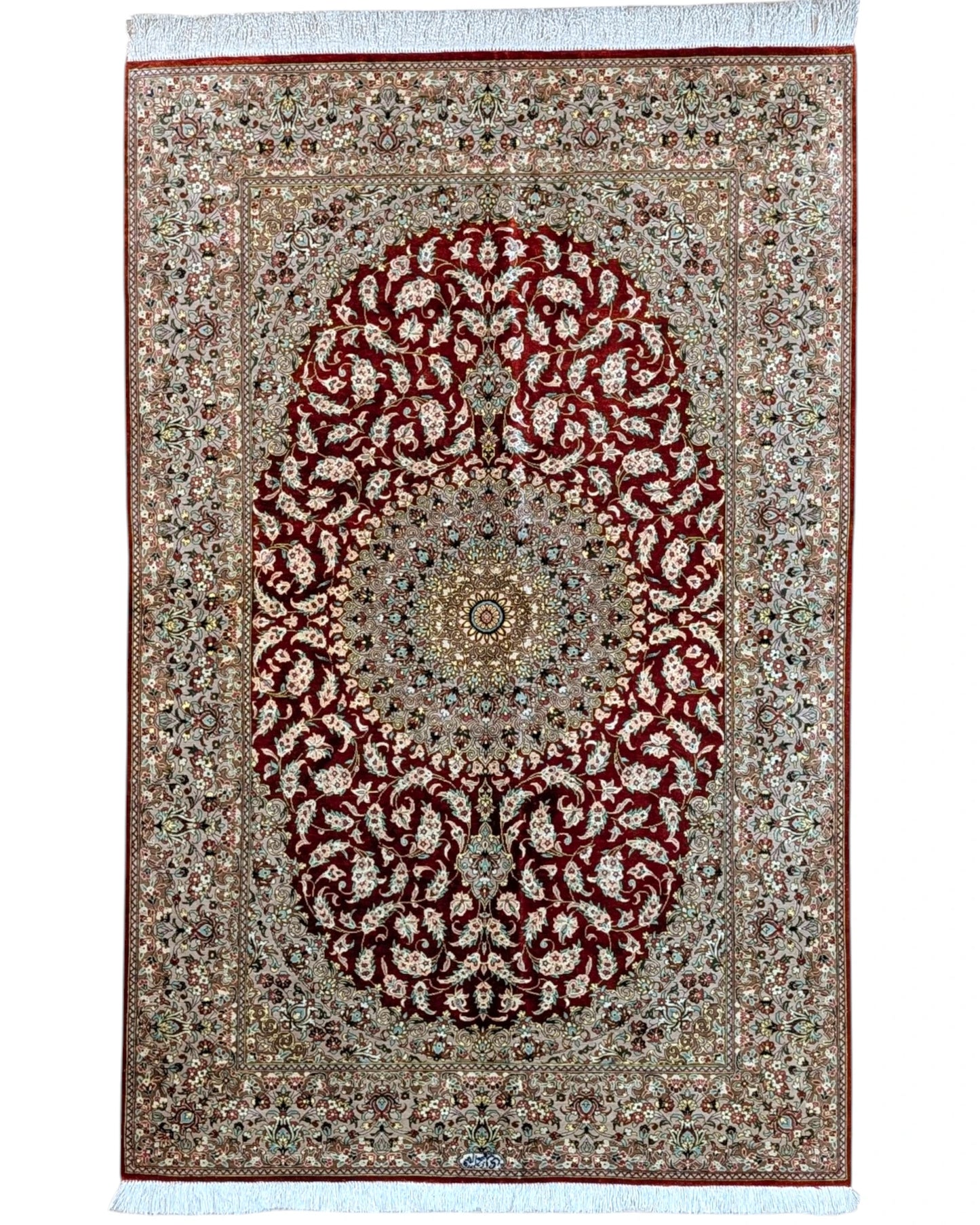 Tappeto Persiano Qom 152x97cm rosso con medaglione in soggiorno elegante