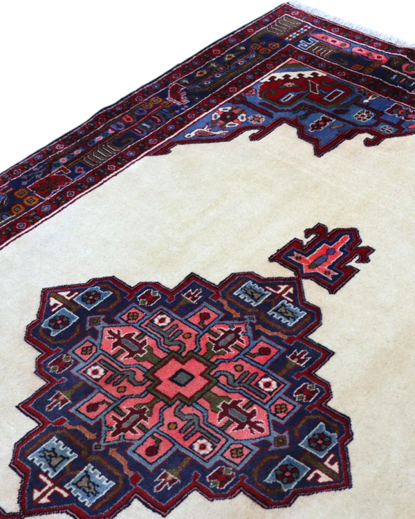 Tappeto Persiano Afshari 230x155 cm Avorio Blu e Rosso con Medaglione