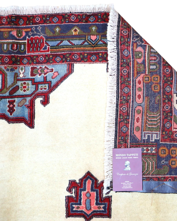 Tappeto Persiano Afshari 230x155 cm Avorio Blu e Rosso con Medaglione