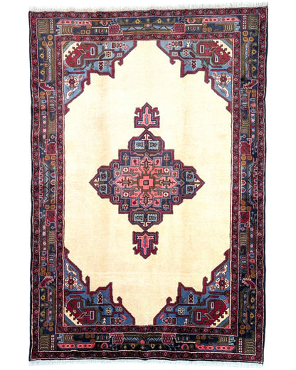 Tappeto 230x155 cm avorio blu e rosso con medaglione per soggiorno elegante.