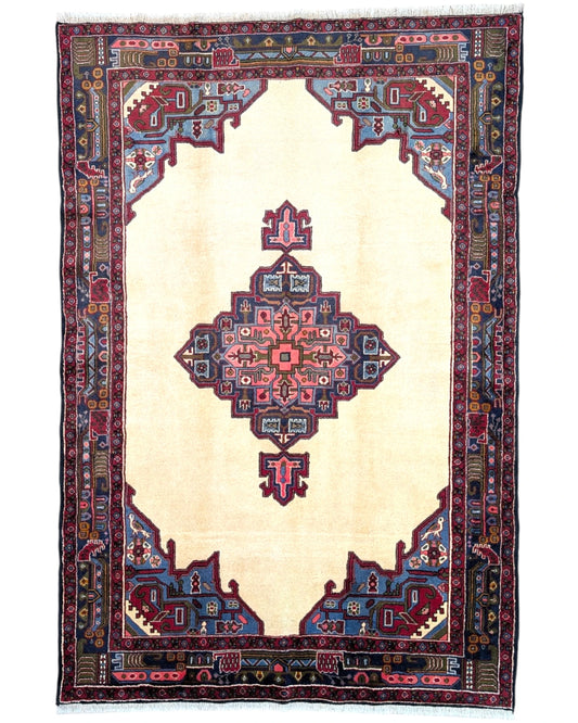 Tappeto Persiano Afshari 230x155 cm beige e blu geometrico per soggiorno elegante.