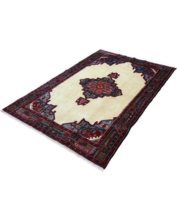 Tappeto Persiano Afshari 230x155 cm Avorio Blu e Rosso con Medaglione