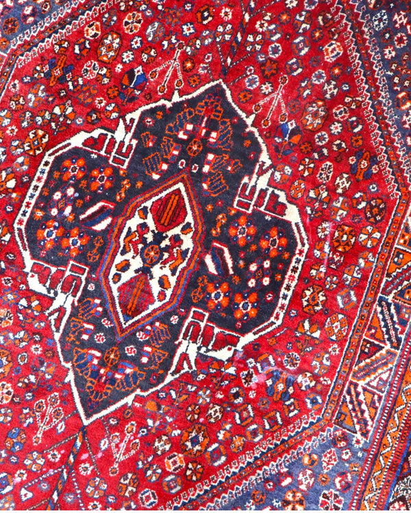 Tappeto Shiraz 233x150 cm, un capolavoro artigianale in rosso e blu.