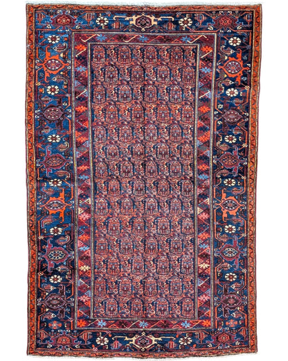 Tappeto Sanneh Antico 124x129 cm annodato a mano con motivi Boteh e bordura geometrica tradizionale.