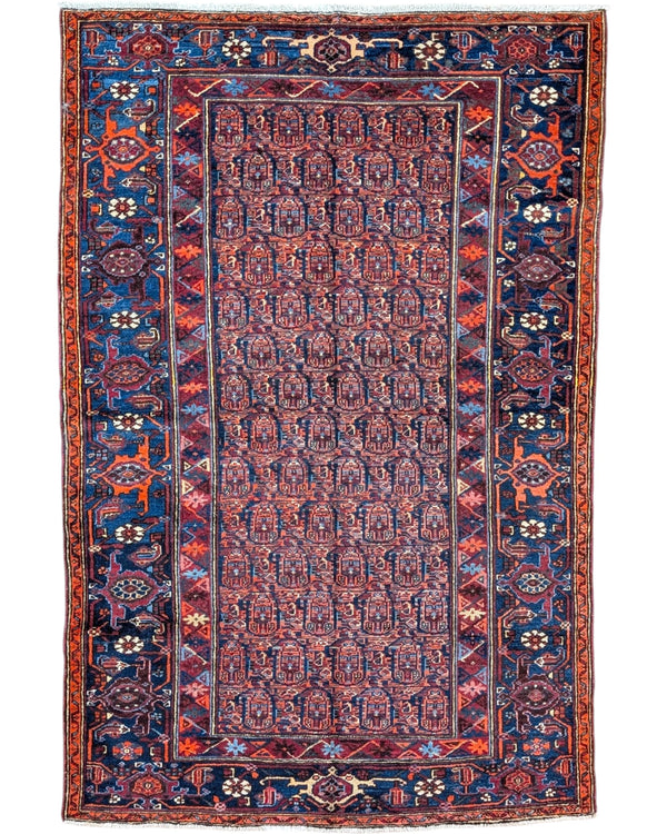 Tappeto Sanneh Antico 124x129 cm annodato a mano con motivi Boteh e bordura geometrica tradizionale.