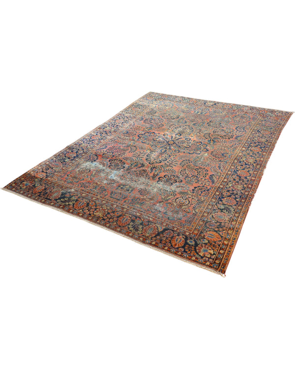 Tappeto Persiano Saruk 296x217 cm annodato a mano con dettagli floreali nei toni del blu e avorio.