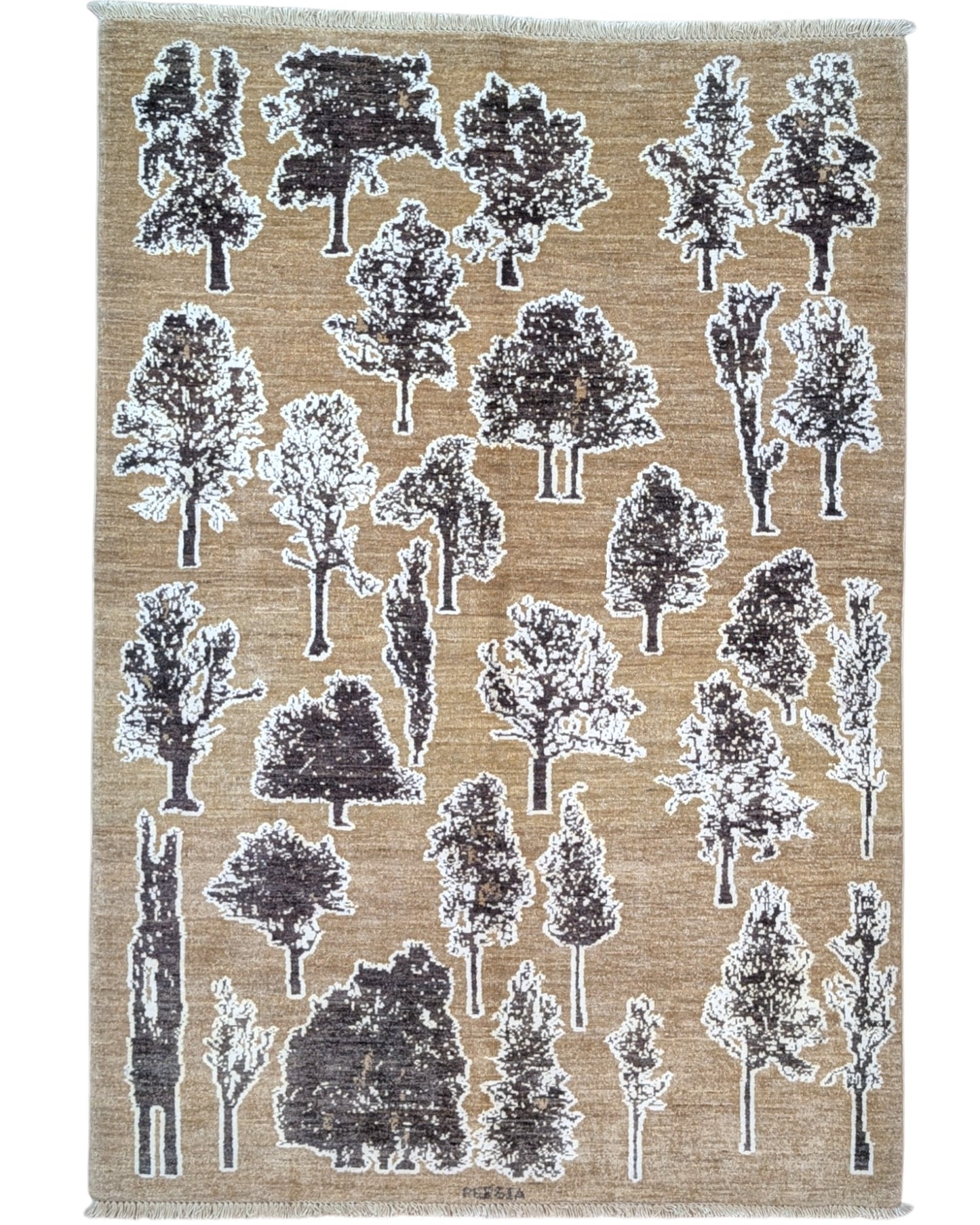 Tappeto Moderno 177x122 cm con fondo beige e motivi ad albero in nero e grigio, tramato ed annodato a mano, provenienza Afghanistan.