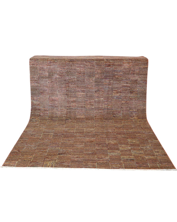 Tappeto moderno 270x188 cm Persia con disegno geometrico a quadri in tonalità marroni. Annodato a mano in lana e cotone.