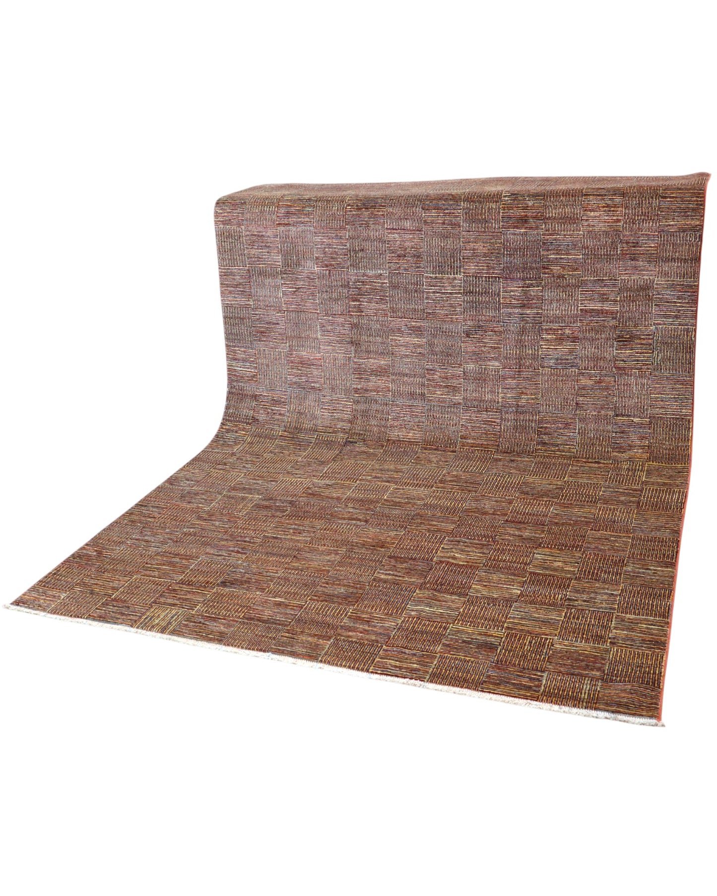 Tappeto moderno 270x188 cm Persia con disegno geometrico a quadri in tonalità marroni. Annodato a mano in lana e cotone.