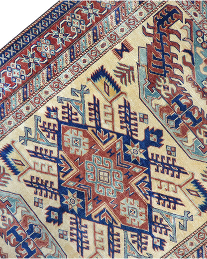 Tappeto Shirvan Afghan annodato a mano 159x120 cm con motivi geometrici caucasici e colori vivaci.