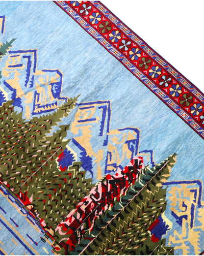 Tappeto Senneh persiano 167x134 cm, annodato a mano, con scena paesaggistica di villaggio, alberi, lago e montagne.