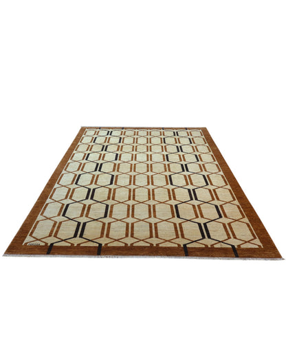 Tappeto Moderno persiano 300x203 cm con fondo beige e motivi geometrici esagonali in marrone e nero, tramato ed annodato a mano.