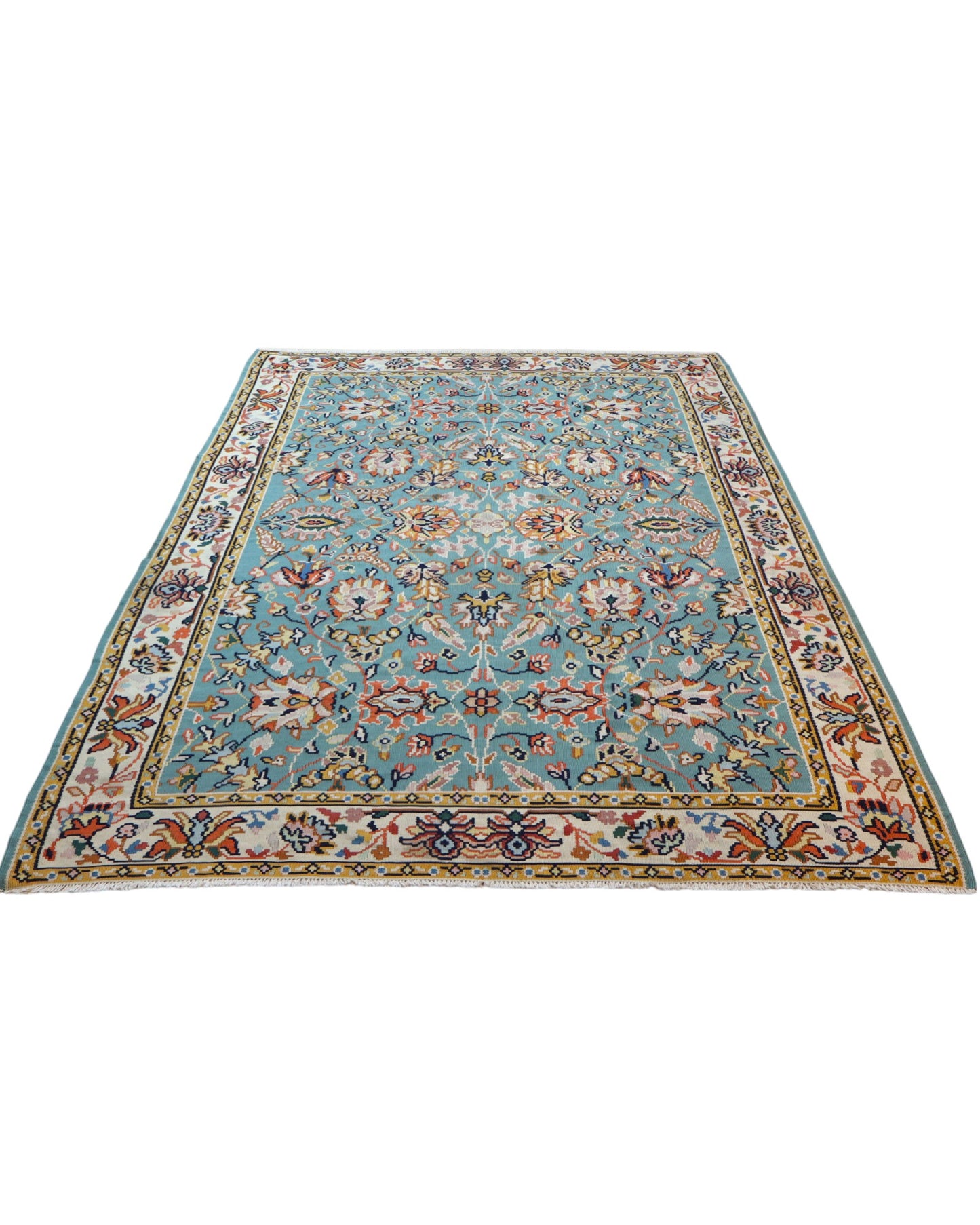 Tappeto Kilim Turco 290x200 cm con fondo azzurro, motivi floreali e geometrici multicolori, tramato ed annodato a mano.