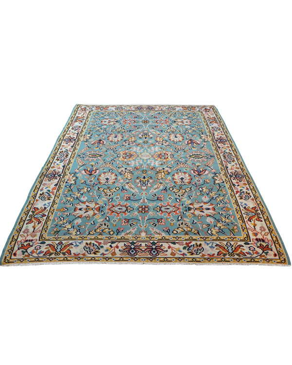 Tappeto Kilim Turco 290x200 cm con fondo azzurro, motivi floreali e geometrici multicolori, tramato ed annodato a mano.