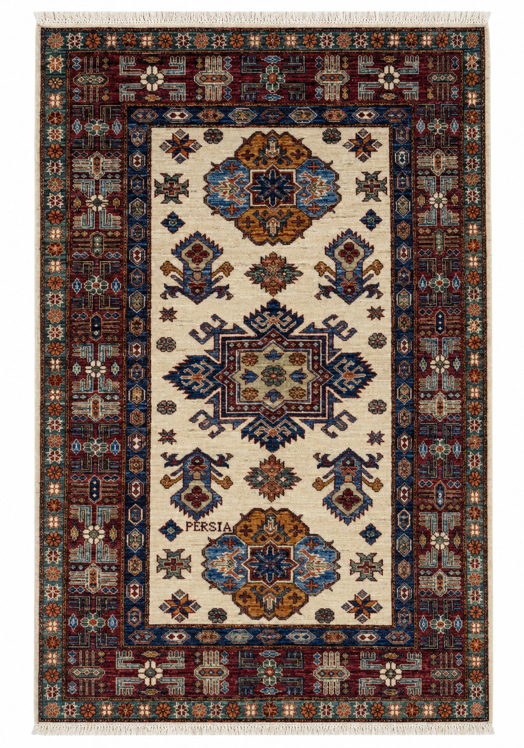 Tappeto Orientale Shirvan 145x100 cm Avorio Rosso e Turchese Geometrico