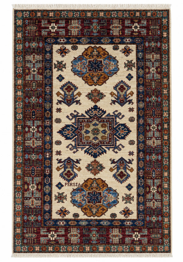Tappeto Orientale Shirvan 145x100 cm Avorio Rosso e Turchese Geometrico