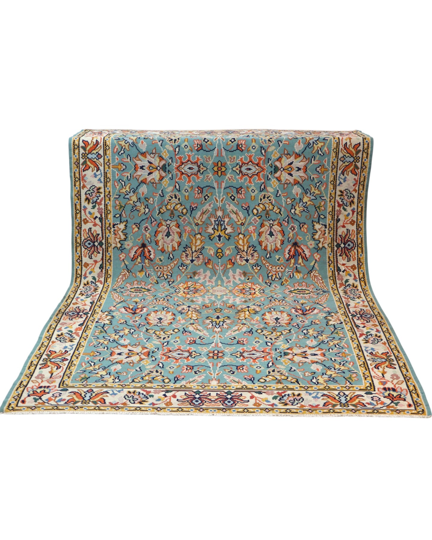 Tappeto Kilim Turco 290x200 cm con fondo azzurro, motivi floreali e geometrici multicolori, tramato ed annodato a mano.