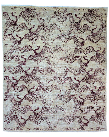 Tappeto Moderno persiano 293x243 cm con fondo beige e motivi astratti marrone scuro, tramato ed annodato a mano, artigianato persiano.