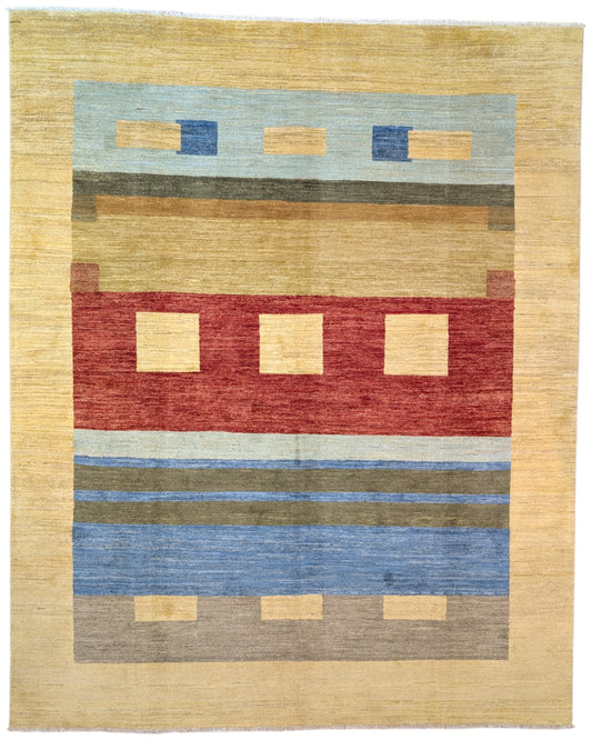 Tappeto moderno 306x246 cm Persia geometrico con rettangoli e fasce colorate. Annodato a mano in lana naturale.