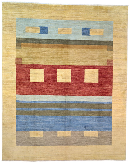 Tappeto moderno 306x246 cm Persia geometrico con rettangoli e fasce colorate. Annodato a mano in lana naturale.