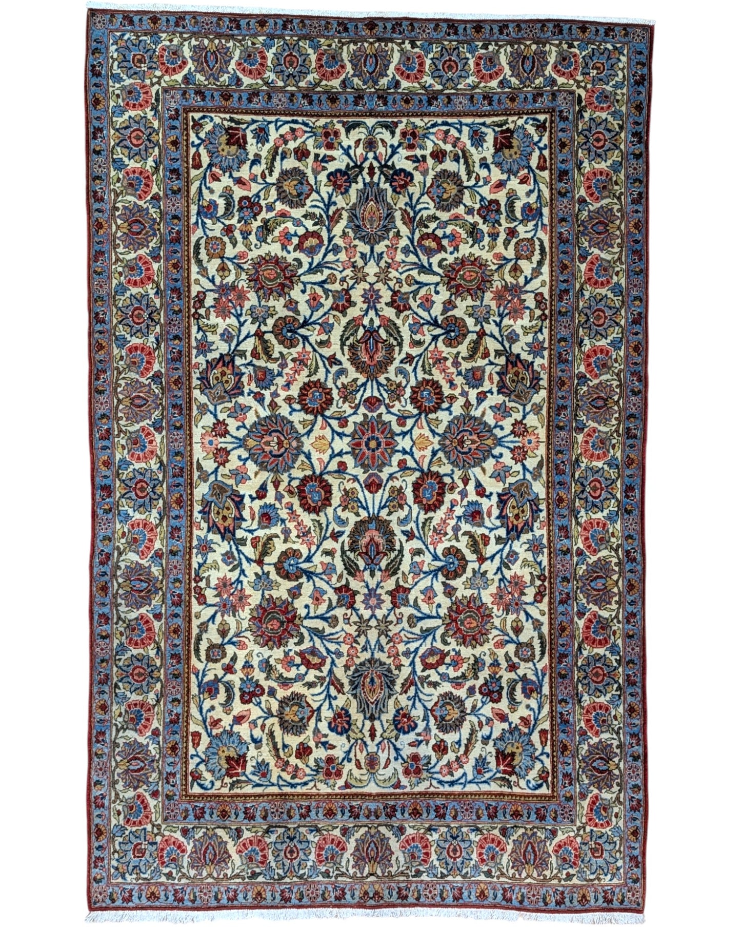 Tappeto Antico Najafabad persiano, fondo beige con disegno decorativo, annodato a mano, 216x136 cm.
