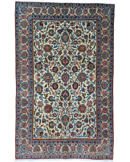 Tappeto Antico Najafabad persiano, fondo beige con disegno decorativo, annodato a mano, 216x136 cm.