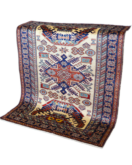 Tappeto Shirvan Afghan 157x121 cm con fondo avorio, motivi geometrici blu e rossi, tramato ed annodato a mano, provenienza Afghanistan.