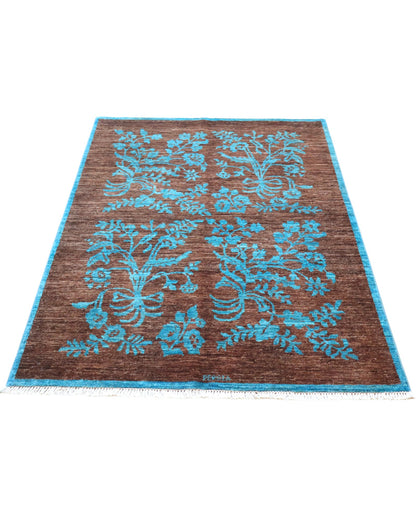 Tappeto Moderno 180x125 cm con fondo marrone e motivi floreali turchesi, tramato ed annodato a mano, provenienza Afghanistan.