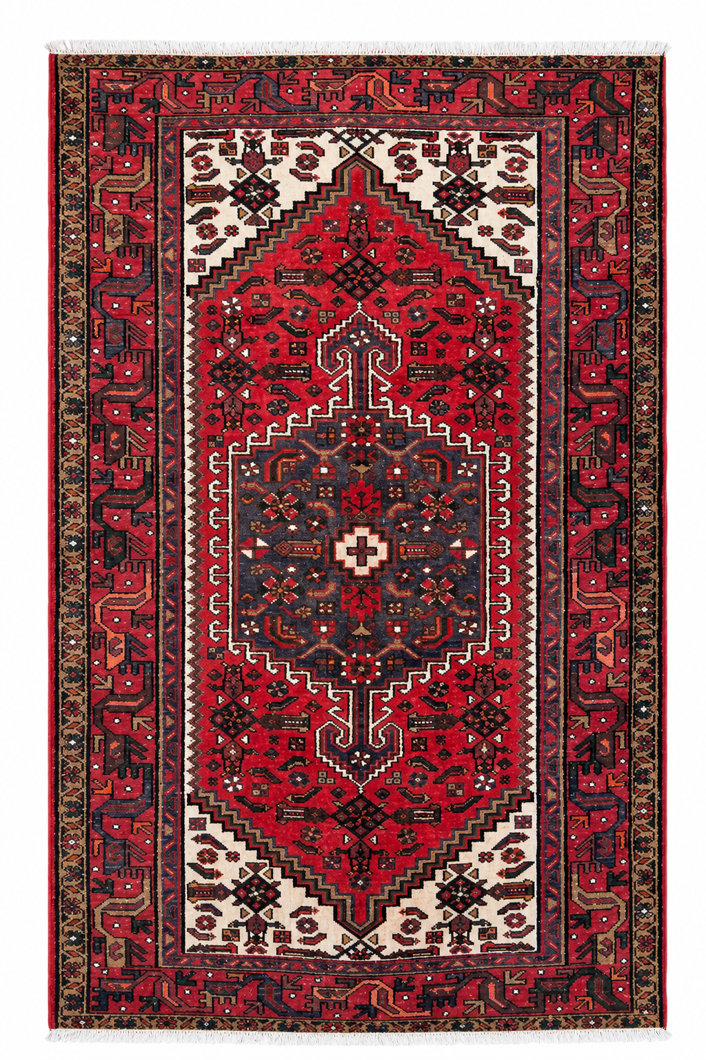 Tappeto 191x126 cm rosso avorio e blu con medaglione per soggiorno elegante.