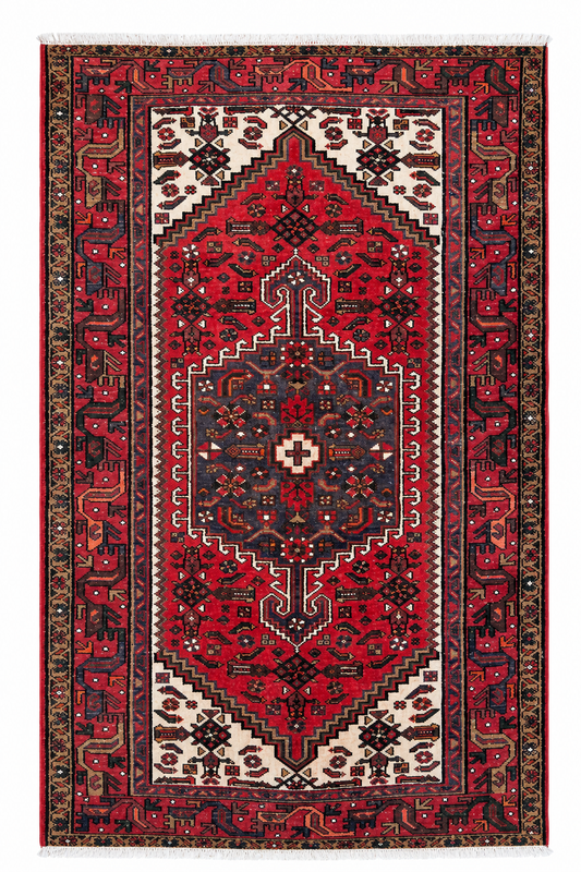 Tappeto 191x126 cm rosso avorio e blu con medaglione per soggiorno elegante.