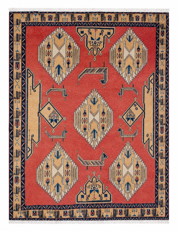 Tappeto Persiano Afshar 198x151 cm Rosa Corallo e Blu Geometrico