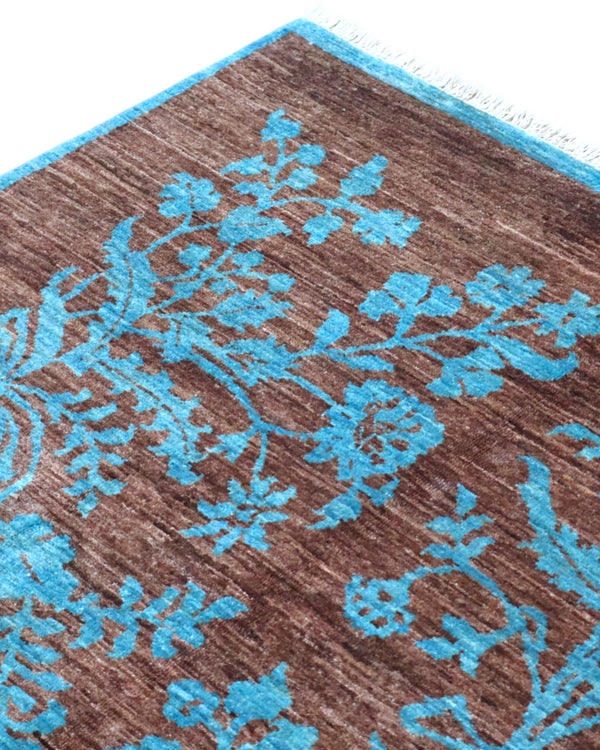 Tappeto Moderno 180x125 cm con fondo marrone e motivi floreali turchesi, tramato ed annodato a mano, provenienza Afghanistan.