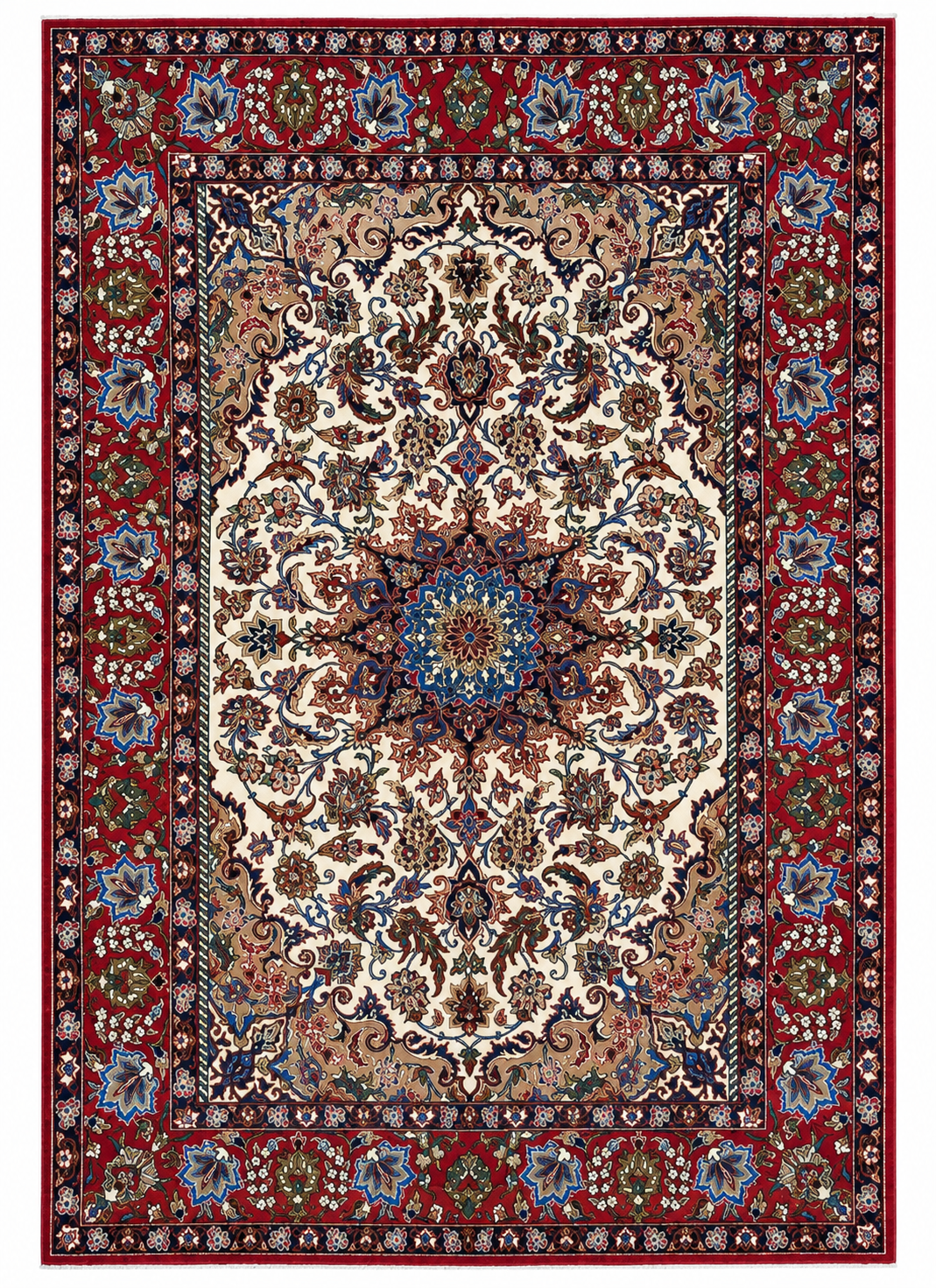 Tappeto 219x152 cm avorio rosso e blu con medaglione floreale per soggiorno elegante.