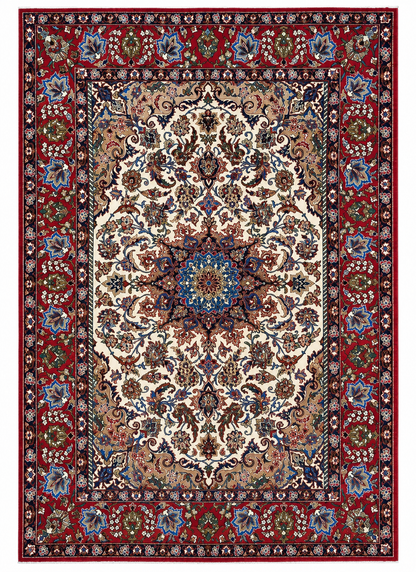 Tappeto 219x152 cm avorio rosso e blu con medaglione floreale per soggiorno elegante.