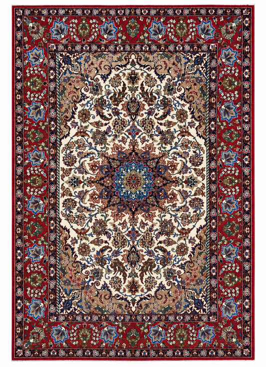 Tappeto 219x152 cm avorio rosso e blu con medaglione floreale per soggiorno elegante.