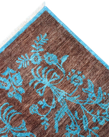 Tappeto Moderno 180x125 cm con fondo marrone e motivi floreali turchesi, tramato ed annodato a mano, provenienza Afghanistan.