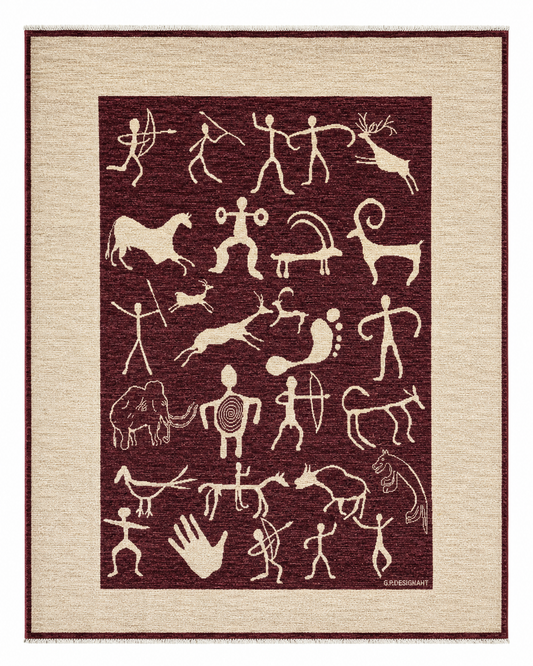 Tappeto moderno 228x183 cm bordeaux con figure stilizzate per studio raffinato.