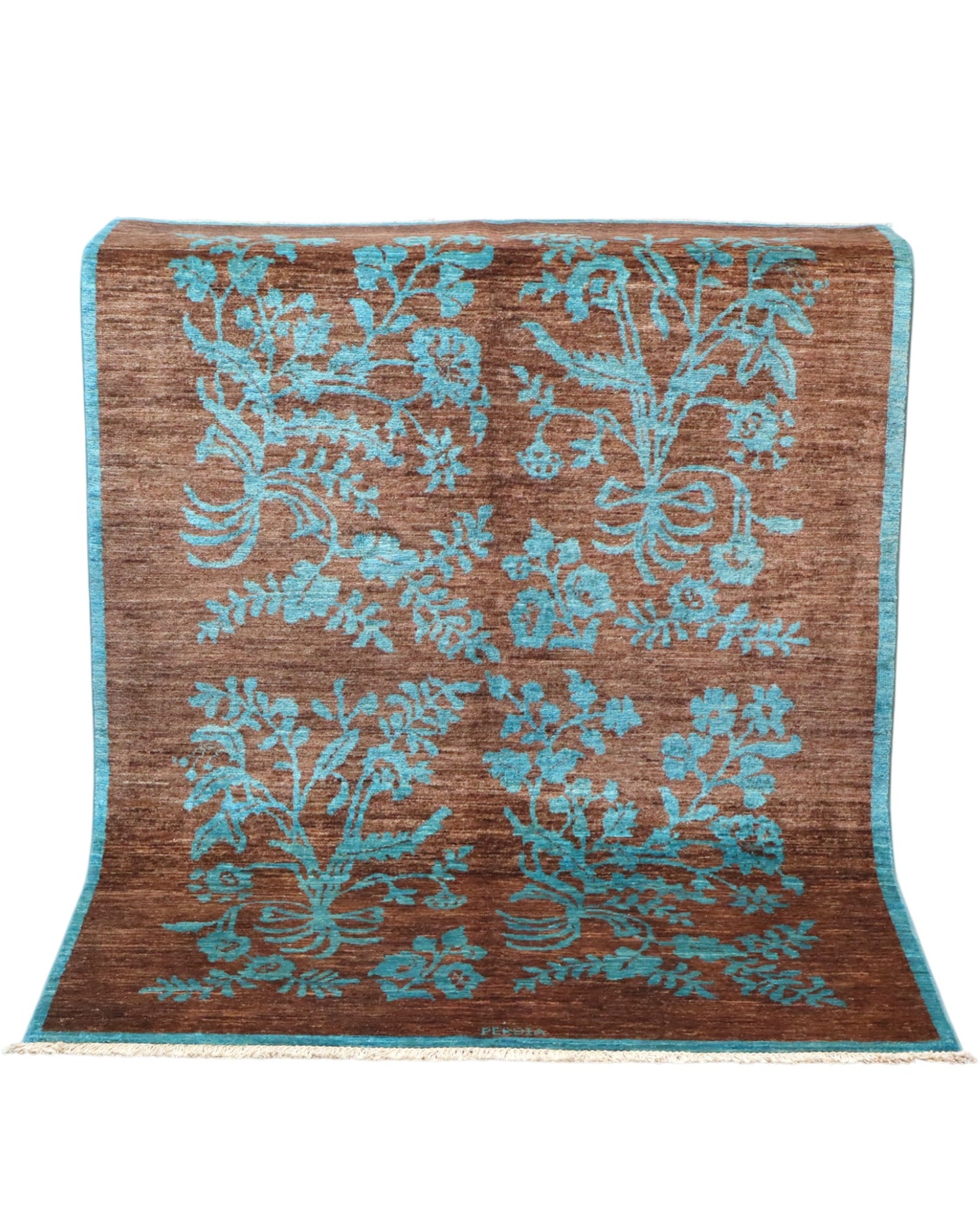 Tappeto Moderno 180x125 cm con fondo marrone e motivi floreali turchesi, tramato ed annodato a mano, provenienza Afghanistan.