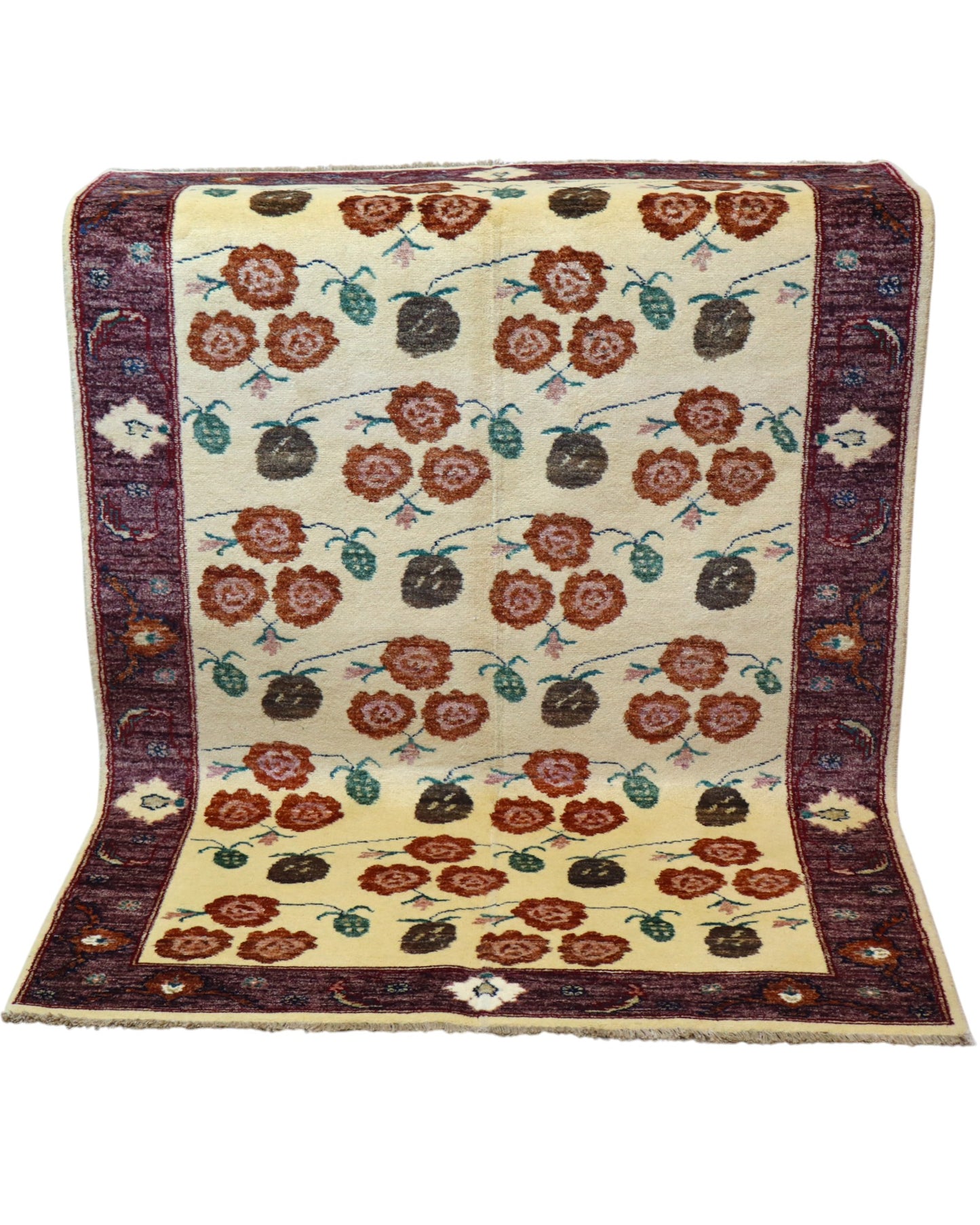 Tappeto Ziegler annodato a mano 180x126 cm con motivi floreali su fondo avorio e bordura viola.