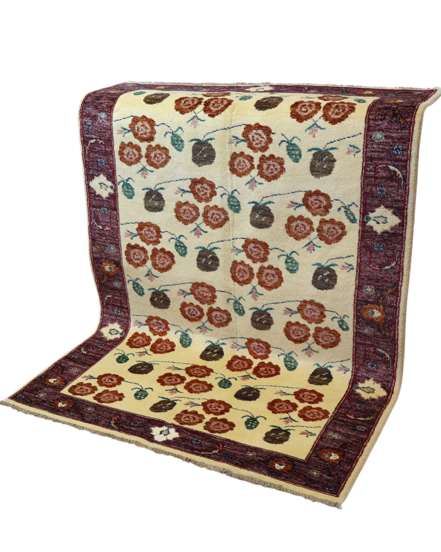 Tappeto Ziegler annodato a mano 180x126 cm con motivi floreali su fondo avorio e bordura viola.