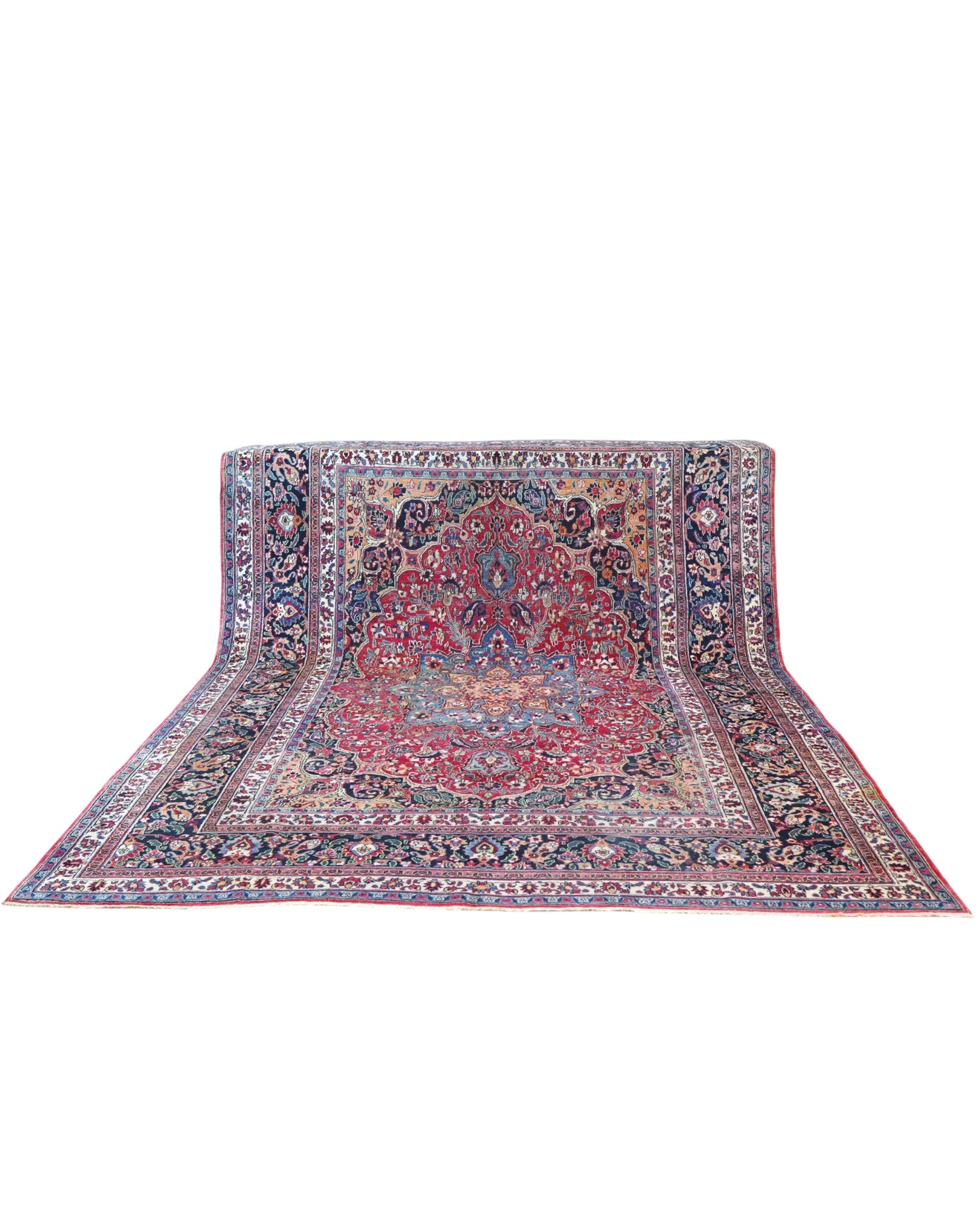 tappeto persiano Dorakhsh annodato a mano 379x262 cm rosso con medaglione centrale blu e motivi floreali arabescati