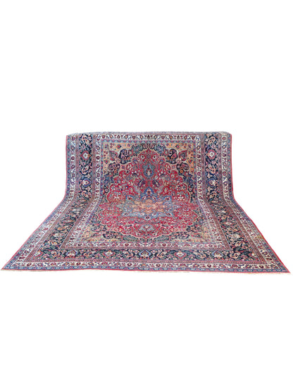 tappeto persiano Dorakhsh annodato a mano 379x262 cm rosso con medaglione centrale blu e motivi floreali arabescati