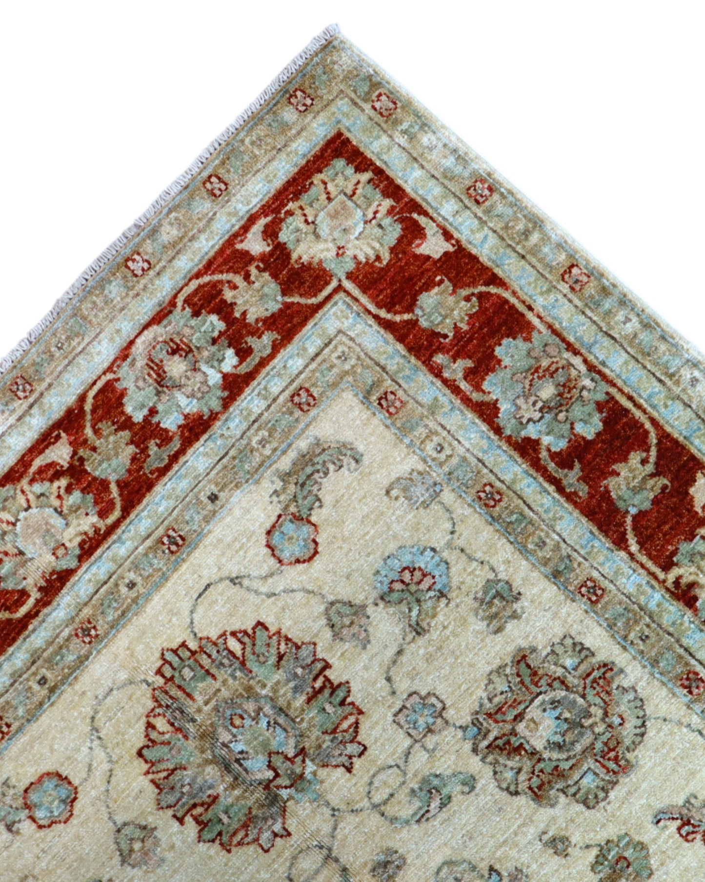 Tappeto Ziegler 184x116 cm con fondo avorio e bordura bordeaux, motivi floreali eleganti, tramato ed annodato a mano, provenienza Afghanistan.